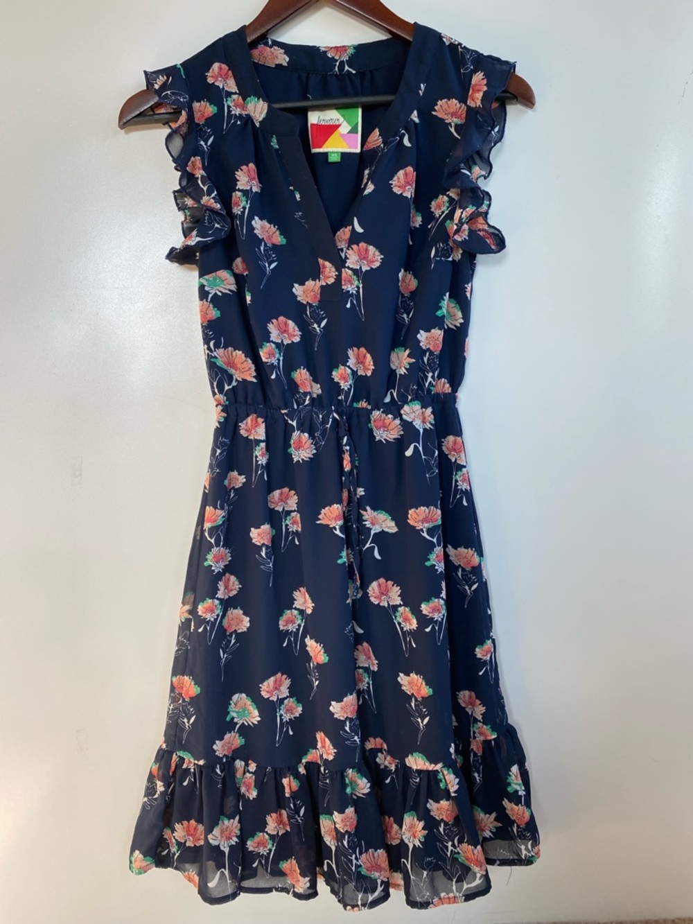 ModCloth Fervour Navy Floral Ruffle Midi Dress with Coral & Green Blooms XS